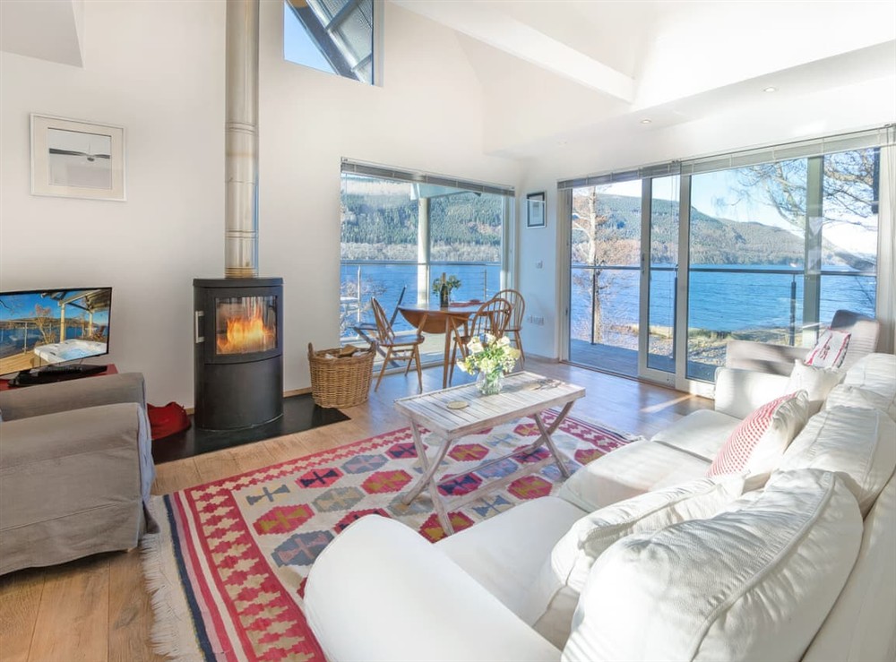 Living area at Dipper Boathouse in Acharn, Perthshire