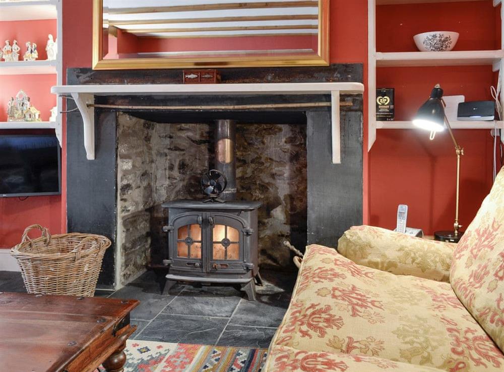 Warming wood burner within living room at Dol Y Clochydd in Llanfachreth, near Dolgellau, Gwynedd