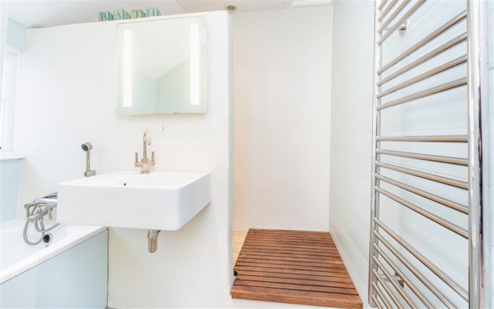 The bathroom and shower. at Downsteps Beach House in Torcross