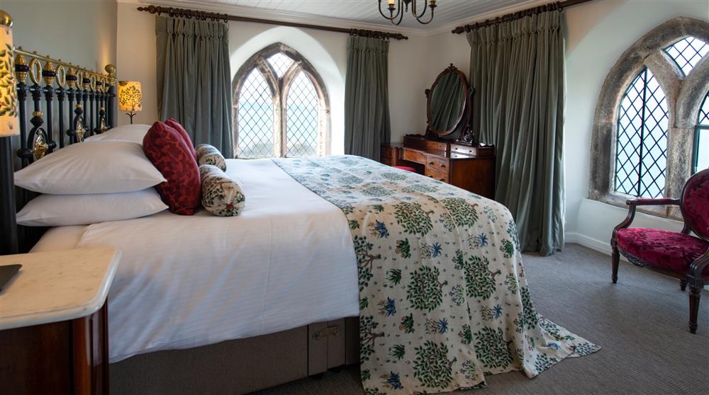 The double bedroom at Doyden Castle in Port Quin, Cornwall
