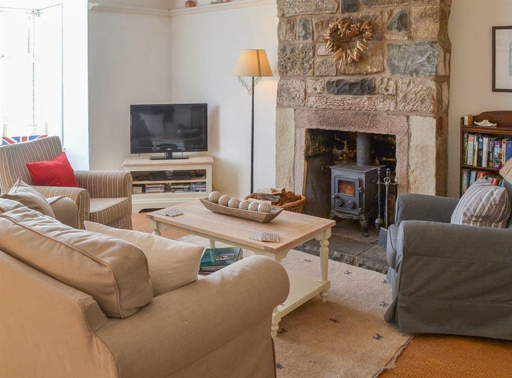 Appealing lounge with stone fireplace and wood-burning stove at Driftwood in Craster, Northumberland