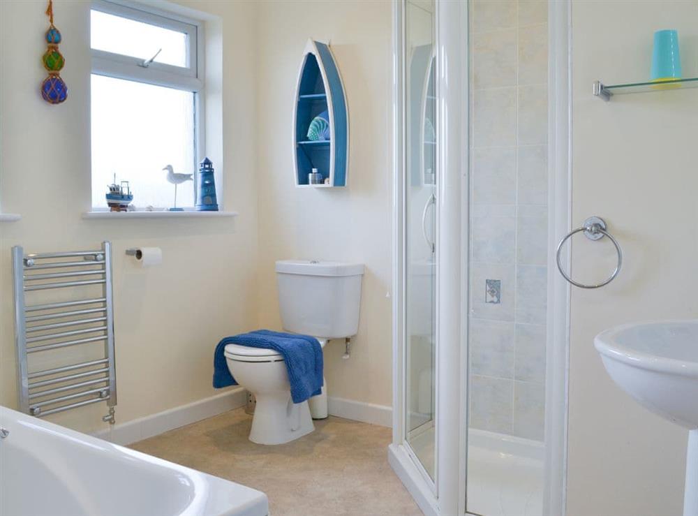 House bathroom with shower cubicle and bath at Driftwood in Port Isaac, Cornwall