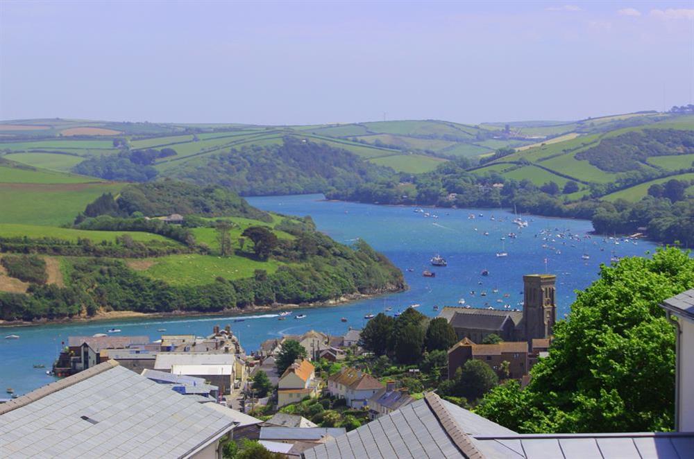Views from the upper terrace over the town towards the harbour at Driftwood in , Salcombe