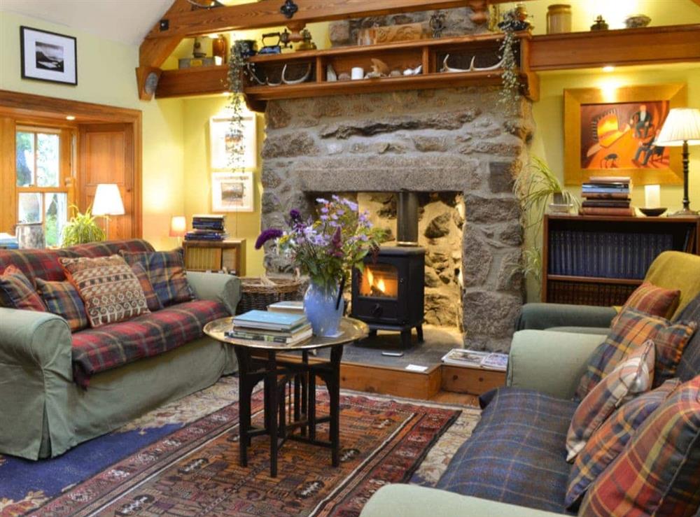 Relaxing lounge with wood burner at Drumniall Cottage in Dinnet, near Aboyne, Aberdeenshire