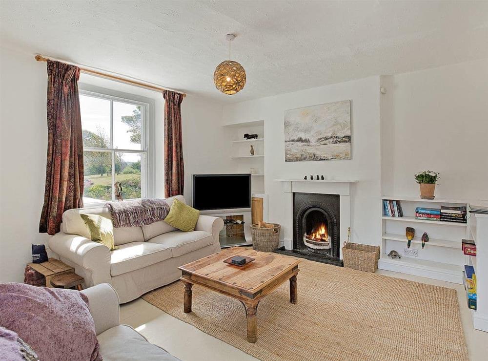 Stylish living room with open fire at Duck Cottage in Gargrave, North Yorkshire