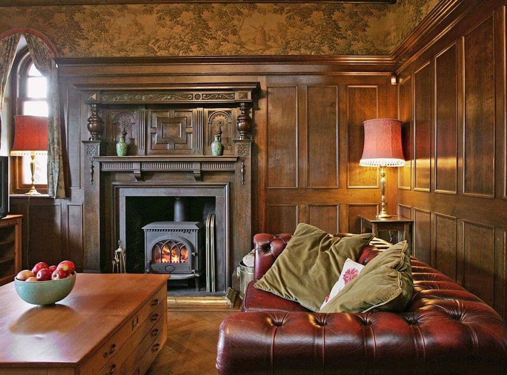 Large living room with wood-burning stove at Dunvarlich House in Aberfeldy, Perthshire., Great Britain