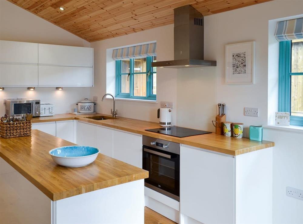 Kitchen area at Eagle Owl Lodge in Winnard’s Perch, near St Columb Major, Cornwall