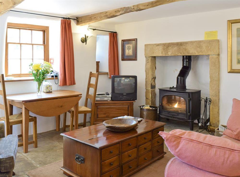 Airy living and dining room with wood burning stove at East Cottage in Low Row near Reeth, North Yorkshire