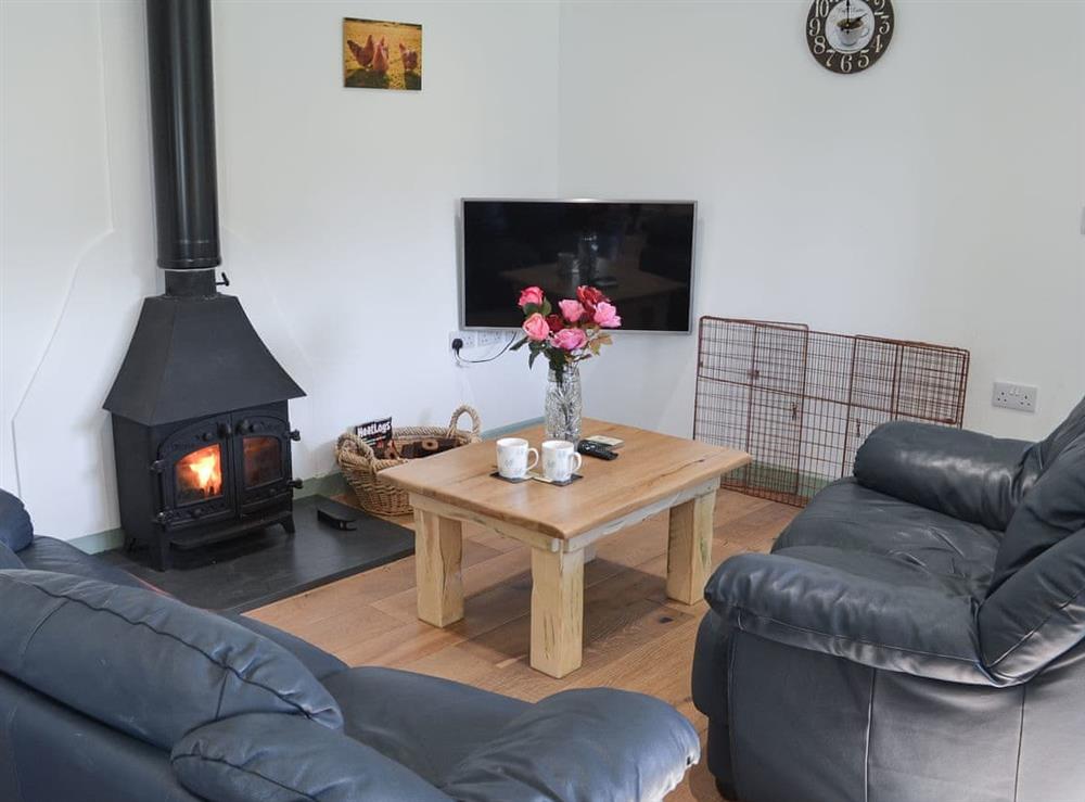 Cosy lounge area with wood burner at East Croft Barn in Halwill, near Holsworthy, Devon
