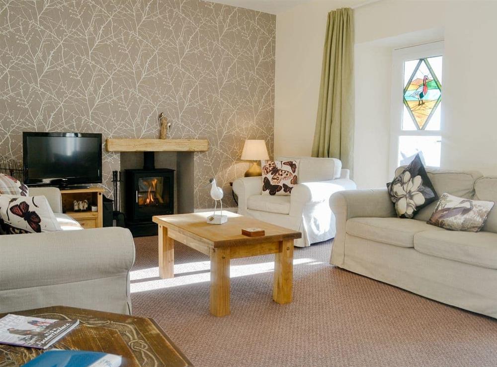 Comfortable lounge with cosy wood burner at Eastpark Farmhouse in Caerlaverock, near Dumfries, Dumfries and Galloway, Dumfriesshire