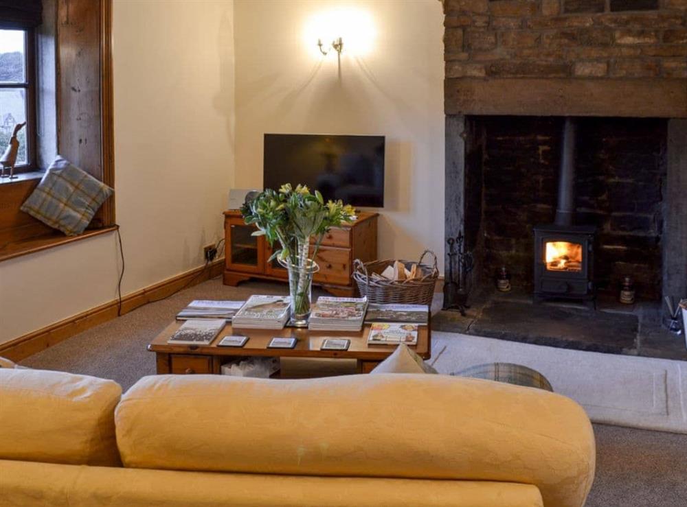 Living room with wood burner at Eider Cottage in Holmfirth, West Yorkshire