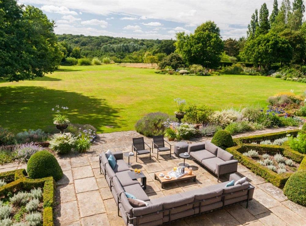 Unspoilt views over patio and garden at Eldred House in Layer-de-la-Haye, near Colchester, Essex