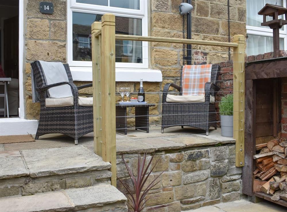 Stone flagged patio area at Elizabeth Cottage in Hinderwell, near Whitby, North Yorkshire