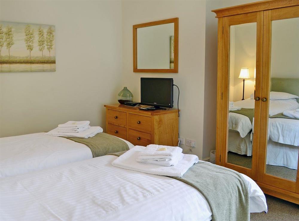 Cosy twin bedroom with TV at Elm Cottage in Crawfordjohn, Nr Biggar, S. Lanarkshire., Great Britain