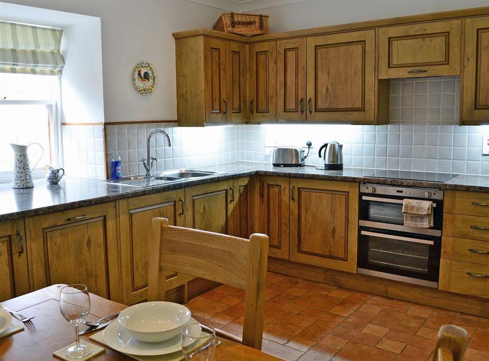 Kitchen with tiled floor and door to sitting-out area at Elm Cottage in Crawfordjohn, Nr Biggar, S. Lanarkshire., Great Britain
