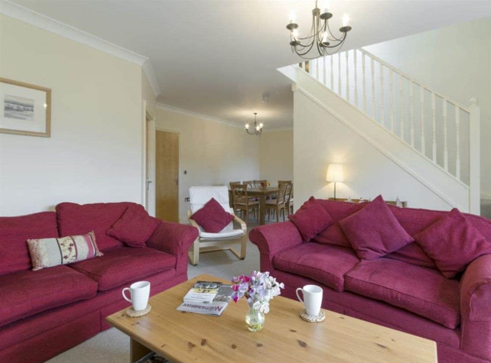 Stylish living room with open aspect to dining room at Embleton Cottage in Beadnell, Northumberland