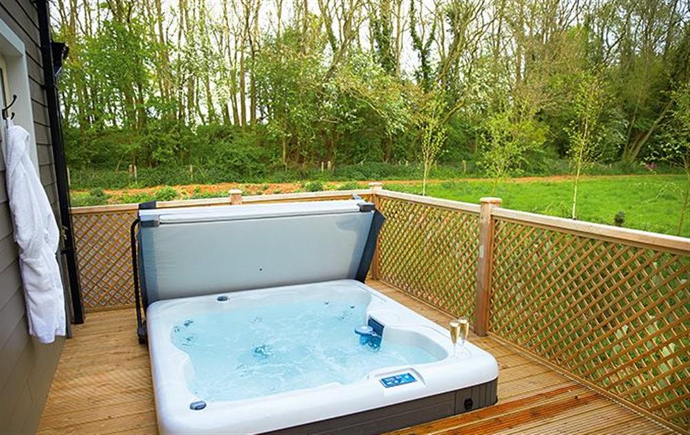 Decked area with garden furniture and hot tub at Endymion Lodge, Wakes Colne