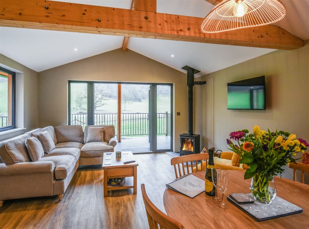 Open plan living space at Ewe View Lodge in Welshpool, Powys