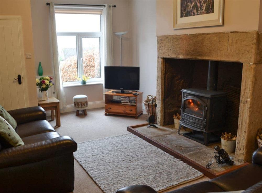 Living room with wood burner at Fairground Cottage in Rothbury, Northumberland