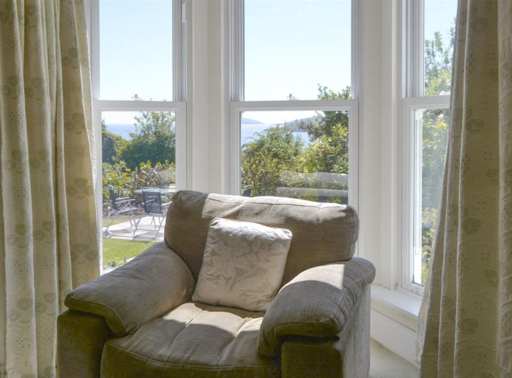 Window-seat in living room at Fairview in Rockcliffe, near Dalbeattie, Dumfries and Galloway, Kirkcudbrightshire