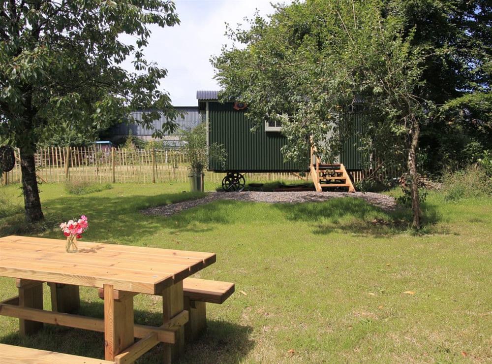 Spacious garden area with outdoor seating at Farmer Oaks Hut in Dippertown, near Tavistock, Devon