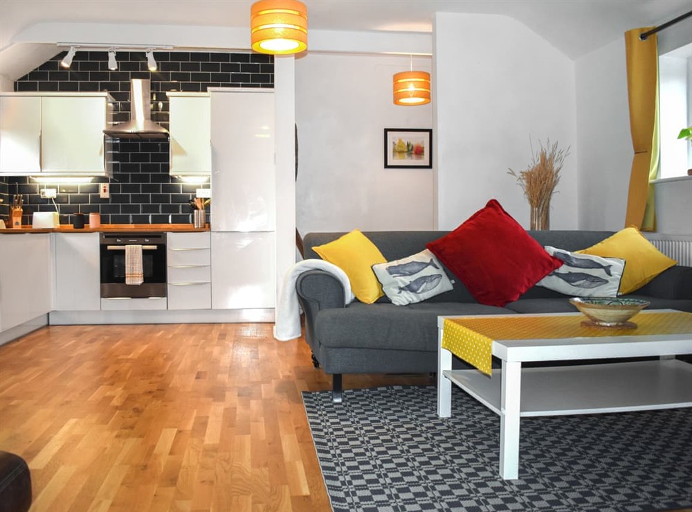 Open plan living space at Fawns Cottage in Blackborough, Devon