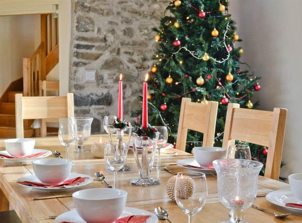 The dining area decked out for Christmas at Felin Hedd in Tregaron, near Aberystwyth, Dyfed