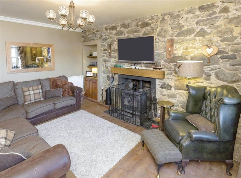 Cosy lounge with exposed stone feature wall at Fern Cottage in Ardentinny near Dunoon, Argyll