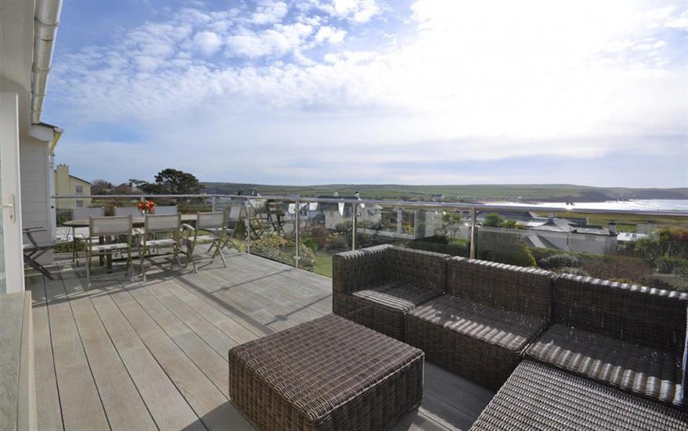 Huge full width balcony with spectacular sea views over Thurlestone bay at Fiferail in Thurlestone