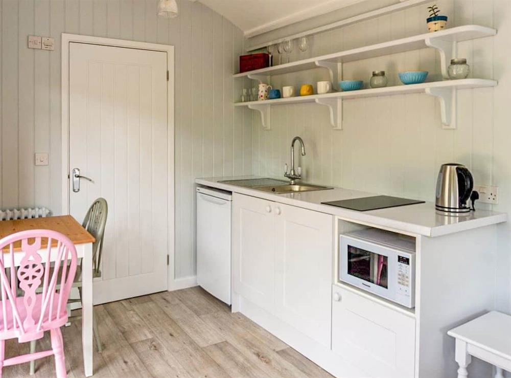 Open plan living space at Fig Tree Shepherds Hut in Bridport, Dorset