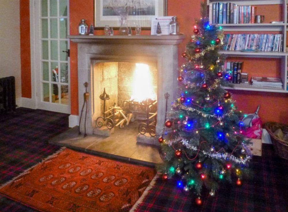 Cosy living room with an open fire at Christmas at Find Me Out  in Dalmellington, Ayr., Ayrshire