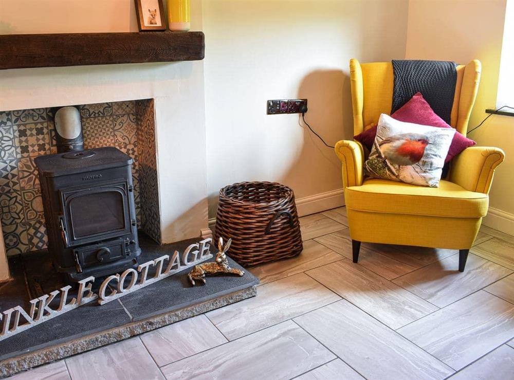 Sitting room with wood burner at Finkle Cottage in Pooley Bridge, Cumbria