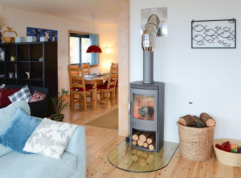 Warm and welcoming wood burner heating the whole house in the living room at Fionn Croft Lodge in Gairloch, Ross-Shire