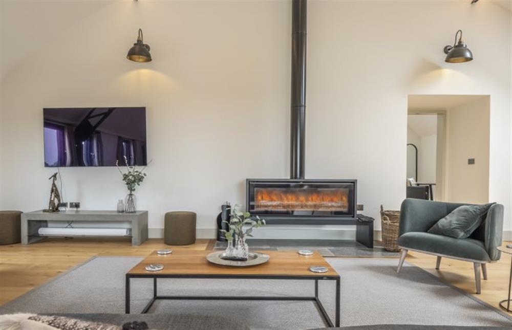 Unique and incredibly stylish sitting room with large Smart television and feature wood burning stove (photo 2)