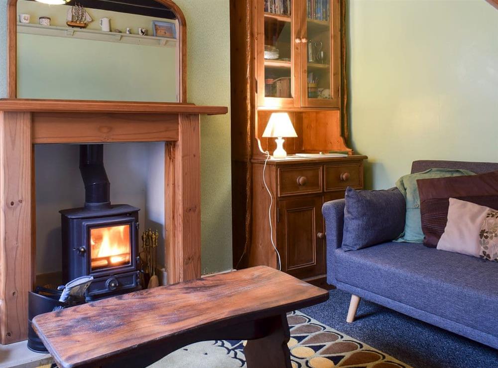 Cosy living room with multi-fuel burner at Flither Cottage in Staithes, near Saltburn-by-the-Sea, North Yorkshire