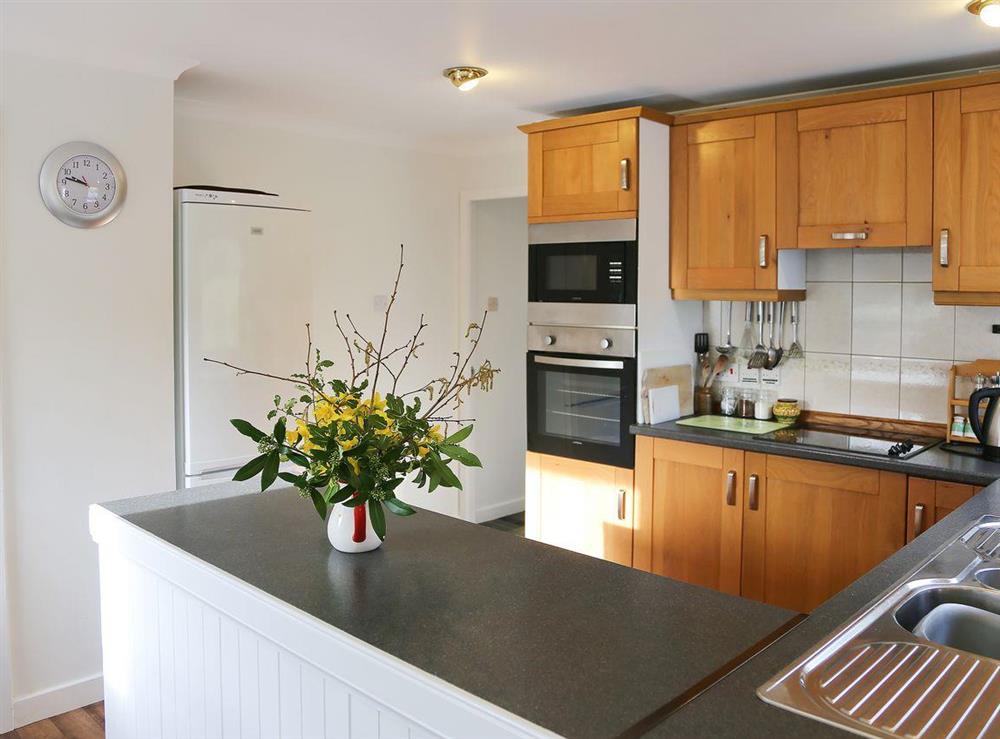 Stylish kitchen with breakfast bar at Forest Cottage in Ardmaddy Castle, Nr Oban, Argyll., Great Britain