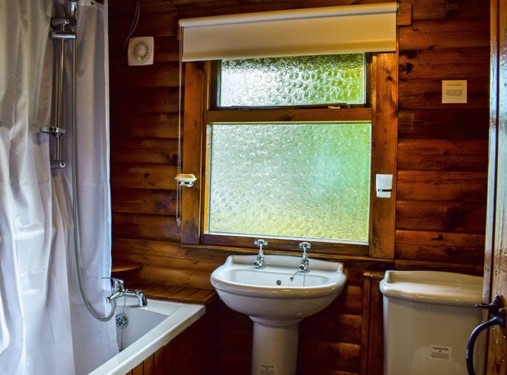 Bathroom with shower over bath at Forest View in Strathyre, near Callendar, Perthshire