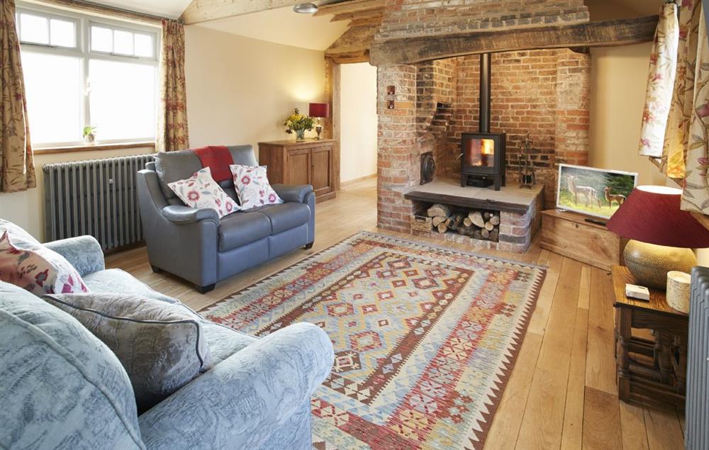 Sitting room with comfortable sofas, television and wood burning stove set in the original blacksmith’s forge