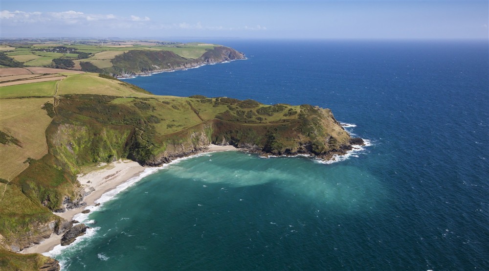 An aerial photo of Lantic Bays beaches, near Fortescue, Cornwall at Fortescue in Lanteglos-by-fowey, Cornwall