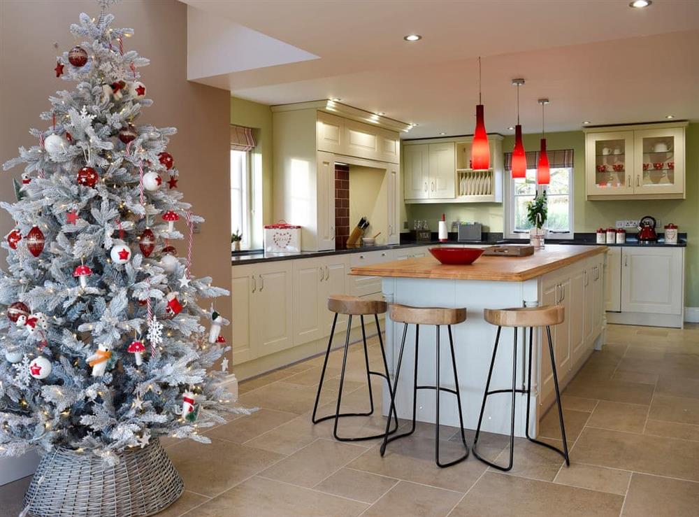 Light and airy kitchen decorated for Christmas at Fountain Hill in Eglwyswrw, near Cardigan, Pembrokeshire, Dyfed