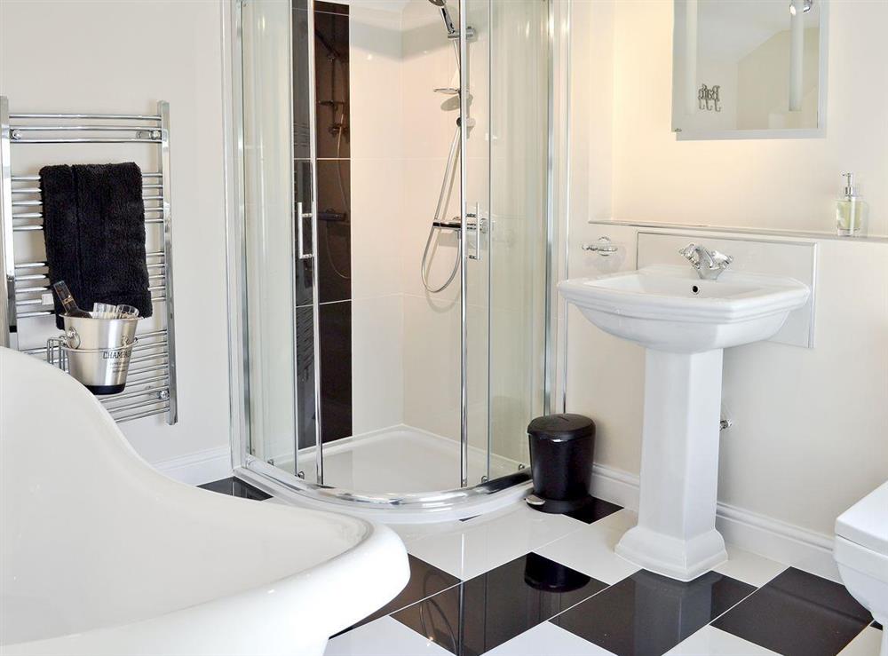 Contemporary bathroom design with slipper bath and shower at Four Seasons in Pickering, North Yorkshire