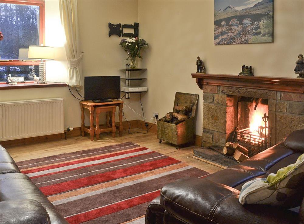 Living room with open fire at Foxhole Farm Cottage in Beauly, Inverness-Shire