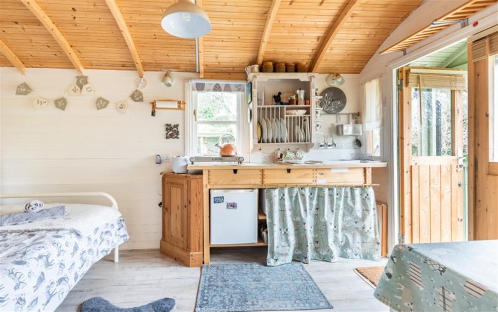 Two electric rings, a mini fridge and sink - perfect for simple meals. Use the saved preparation time for enjoying the outdoors. at Foxy Shepherd's Hut in Penzance
