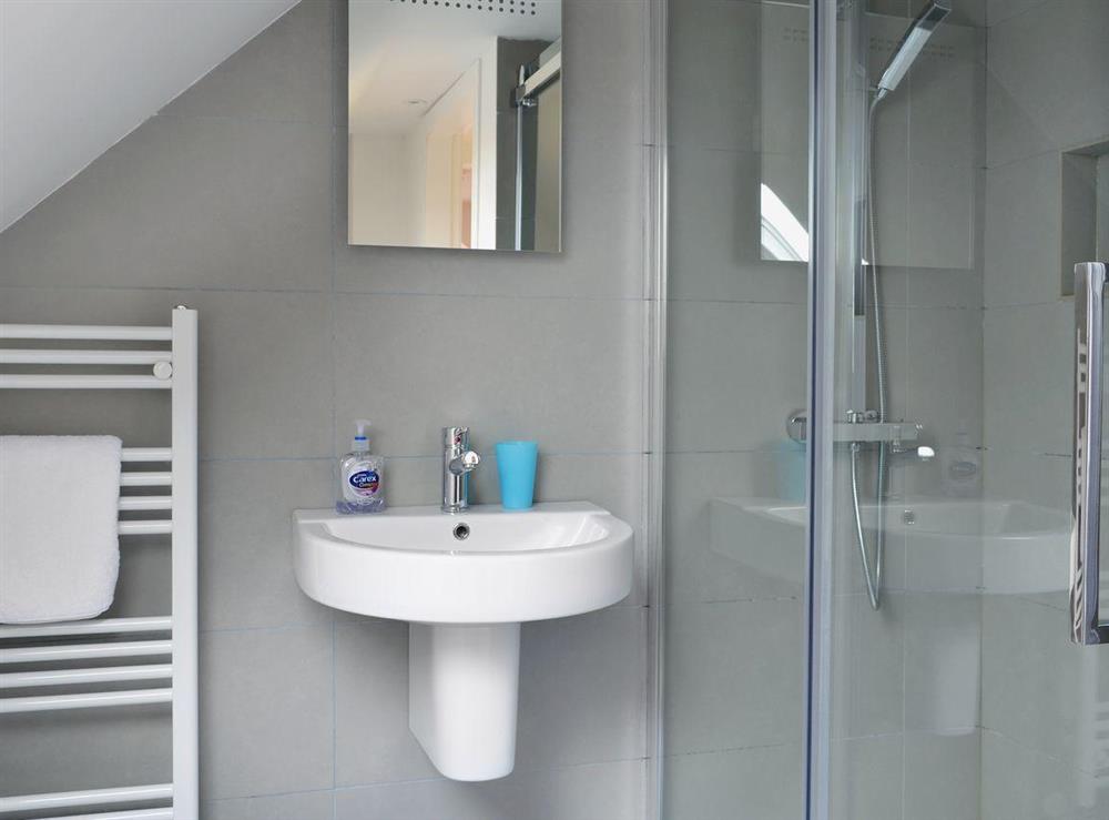 Bathroom with double power shower, WC and heated towel rail at Frank’s in Portree, Isle Of Skye