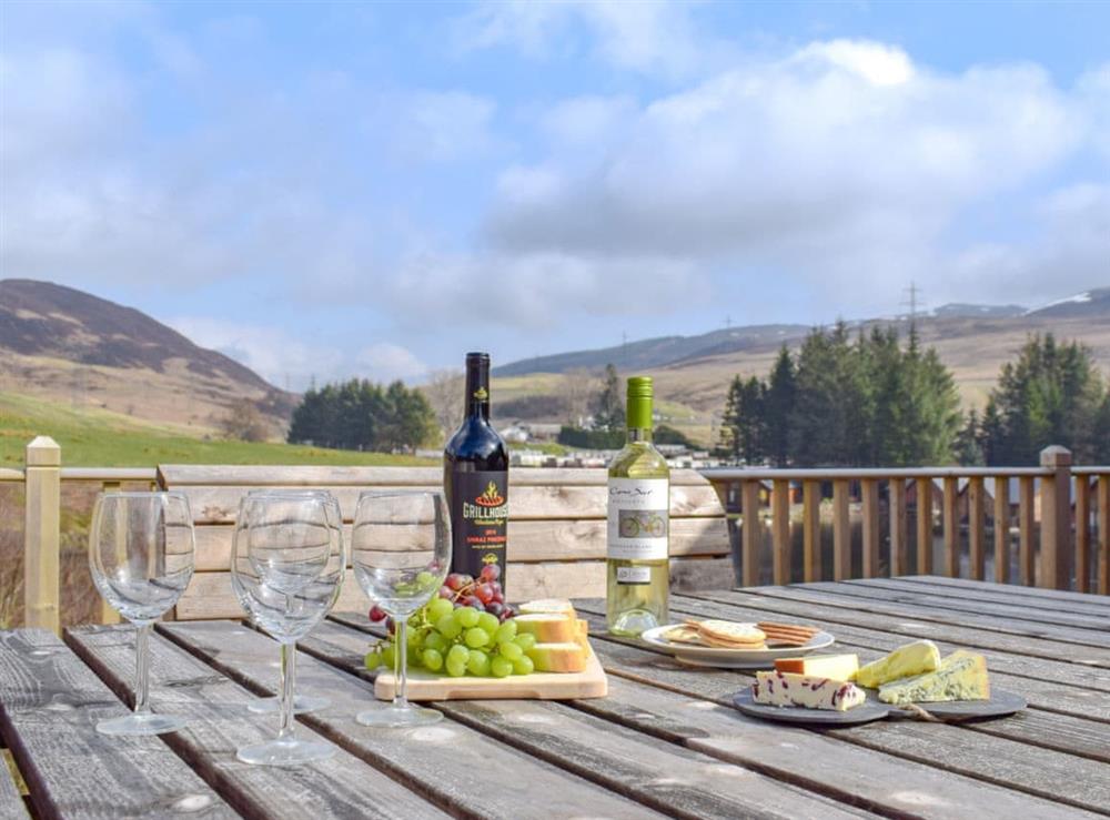Relaxing decking area with wonderful views at Frith View in Glengoulandie, near Aberfeldy, Perthshire