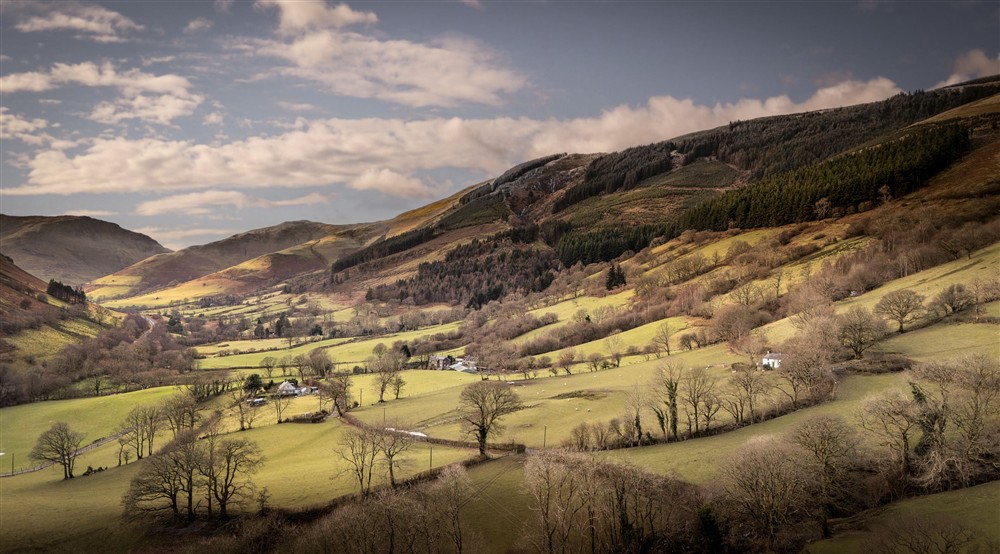 An aerial view of the valley around Fron Dirion, Powys at Fron Dirion in Dinas Mawddwy, Powys