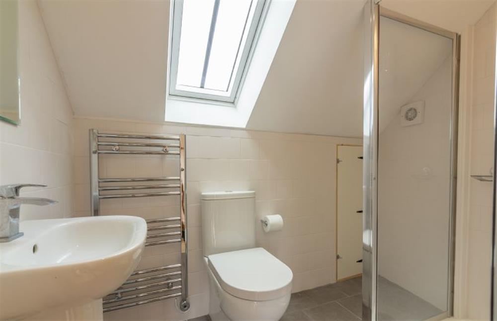 First floor:  En-suite shower room with walk in shower and heated towel rail at Gallery Cottage, Wighton near Wells-next-the-Sea