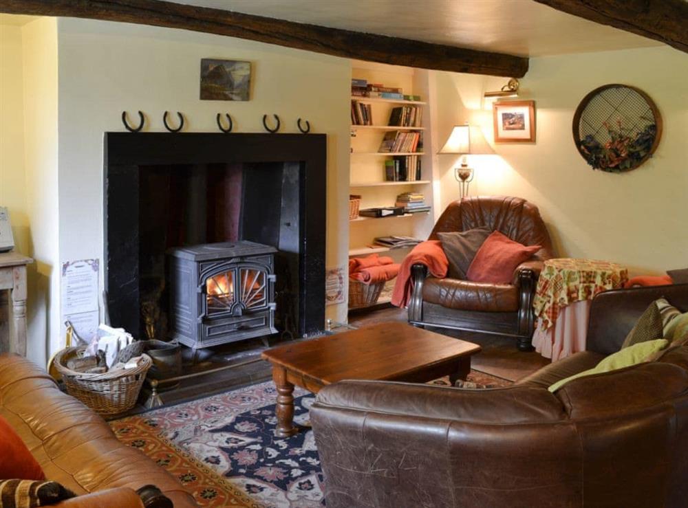Living room with wood burner at Ganny House in Birkerthwaite, Birkermoor, Eskdale, Cumbria., Great Britain