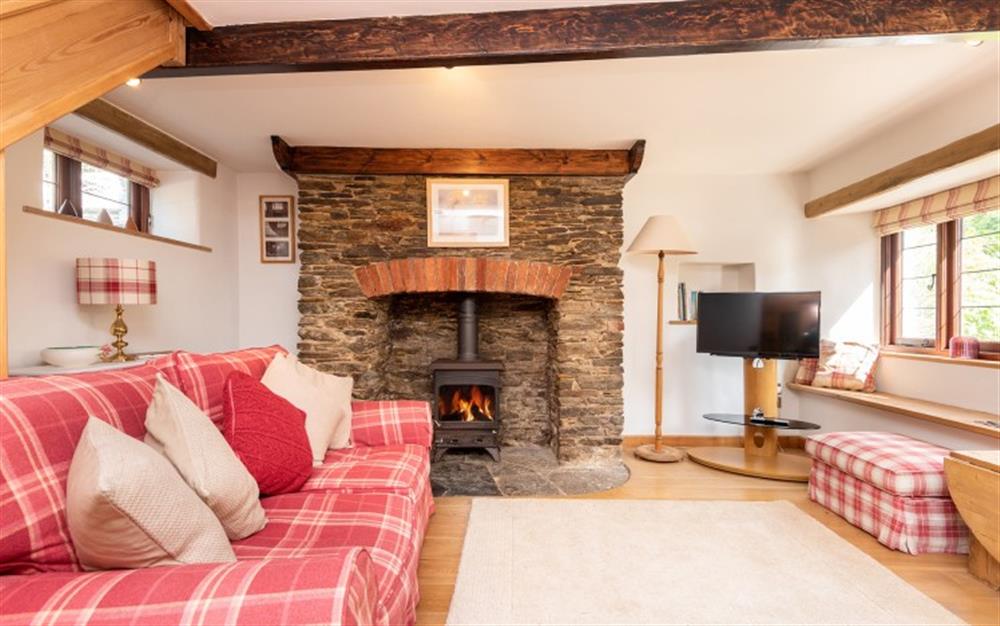 The lounge with log burner at Garden Cottage in Loddiswell