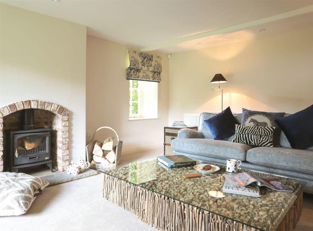 Cosy living room with wood burner at Garden Cottage in Settrington, near Malton, North Yorkshire